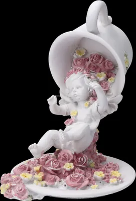Produktbild von Engel Figur - Putte fällt aus Tasse und Rosen - Süße Hochzeitsdeko