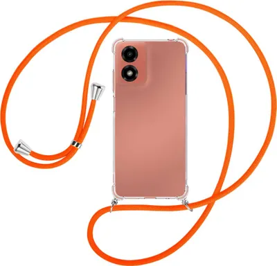 Produktbild von Handykette Backcover-Schutzhülle mit Band (Metall silberfarben) für Motorola Moto G04 / G04s - neonorange