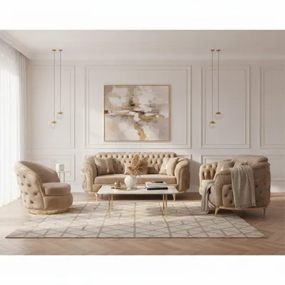 Produktbild von Sofa -Set MIRAY mit Knopfheftung in 5 edlen Farbvarianten 3-Sitzer + 3-Sitzer + Sessel, 3-Sitzer mit Schlaffunktion Farbe: Beige