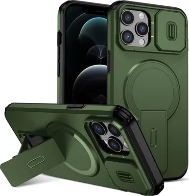 Obrázek produktu pro Magnetické pouzdro pro iPhone 12 Pro Max, dvouvrstvé odolné pouzdro s posuvnou ochranou fotoaparátu a nastavitelným stojánkem Zelená