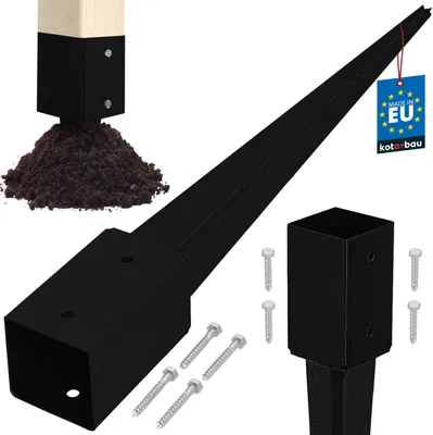 A product shot of a black metal post anchor with a wooden post partially inserted into it, surrounded by soil, and with screws and another anchor shown separately. A 'Made in EU' tag is visible.