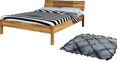 Produktbild von Bett Bento 6 aus Wildeiche massiv 140x200 cm mit Holzkopfteil und Holzbeinen