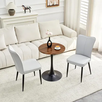 Produktbild von Tisch-Stuhl-Set, 60 cm runder Tisch aus MDF mit schwarzem Stützfuß + 2 hellgraue PolyurethanStühle