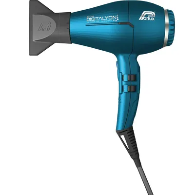 A studio shot of a blue hairdryer against a white background.