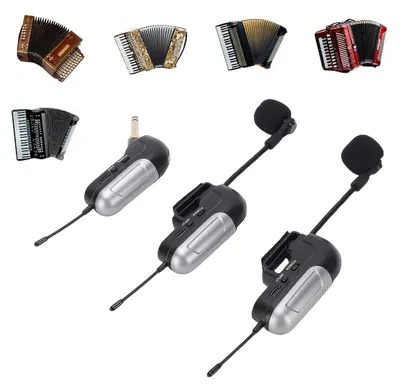 Zdjęcie produktu dla Podwójny mikrofon bezprzewodowy UHF do akordeonu, mikrofon do instrumentów o zasięgu 360 stopni, zasięg 30 m, żywotność baterii 6 godzin wraz z odbiornikiem