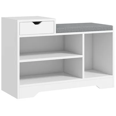Image de HOMCOM Banc à chaussures, banc de rangement, 1 tiroir et 3 compartiments, meuble d'entrée avec coussin rembourrée, pour couloir, entrée, chambre, 76,5 x 30 x 52 cm, blanc