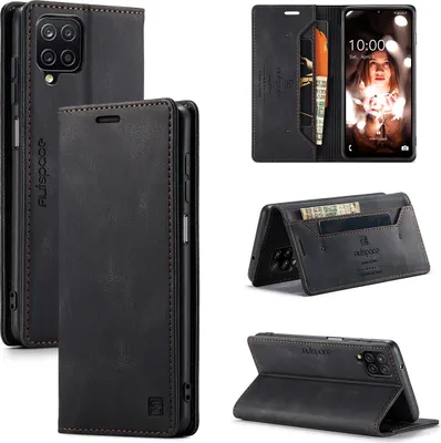 Produktbild von Samsung Galaxy A12 Brieftasche Hülle, Retro Kunstledertasche Stand Schutzhülle für Samsung Galaxy A12 Schwarz