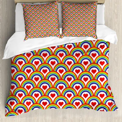 Obrázok produktu pre ABAKUHAUS Dúhová obliečka na perinu, opakujúci sa vzor z farebných kruhov a srdiečok inšpirovaný rybou, 155 x 220 cm + 80 x 80 cm, vermilionová viacfarebná