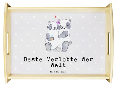 Produktbild von Mr. & Mrs. Panda serviertablett aus holz Panda Beste Verlobte der Welt - Grau Pastell - Geschenk, Freundin, Kaffee Tablett, Ehefrau, Verloben, Hochzeit, Ehe, Deko, Frau