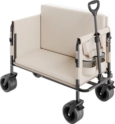 A beige folding wagon with a bench seat and storage pockets, shown from a three-quarter front-facing angle on a white background.