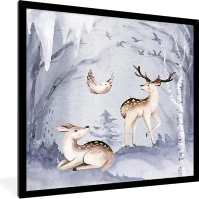 Produktbild von MuchoWow® Gerahmtes Poster Winter - Vogel - Hirsch 40x40 cm - Poster mit Schwarzem Bilderrahmen Wandposter Rahmen Foto Bilder - Mit Rahmen - Wanddekoration Schlafzimmer