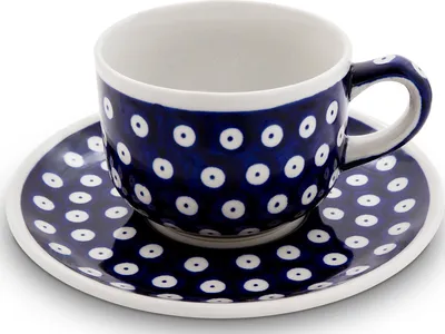 Produktbild von Original Bunzlauer Keramik 210 ml Tasse mit Henkel Kaffeetasse Teetasse Ø9cm klassische mit Unterschale Ø16 cm im Design 42