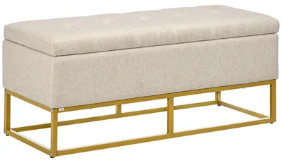 Image de Banc banquette coffre de rangement 2 en 1 assise capitonnšŠe et pieds acier 110 x 44 x 48 cm beige et doršŠ