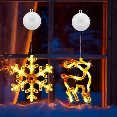 Weihnachts-Fensterbeleuchtung, 2er-Set, LED, warmweiß, Schneeflocke & Rentier