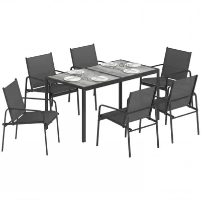 Obrázek produktu pro Zahradní nábytek Sada sedací souprava 150 x 80 cm Zahradní lounge sada, stůl se 6 prodyšnými židlemi, dřevěný vzhled, ocelový rám, černá barva