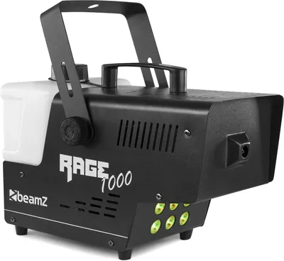 Produktbild von BeamZ Rage 1000 LED Nebelmaschine mit Fernbedienung, 1000 Watt, 6 x 3 Watt RGB LEDs, Ausstoßvolumen: 125 m³ pro Minute, Tankvolumen: 2 L, 6 DMX-Kanäle, Aufheizzeit: 3 Min Nachheizzeit: 0,5 Minuten