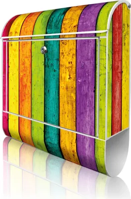Produktbild von banjado Design Briefkasten Stahl weiß mit Zeitungsfach pulverbeschichtet "Bunte Holzlatten" 38x46x12,5cm & 2 Schlüssel - Postkasten A4 Einwurf inkl. Montagematerial [BKW 10620]