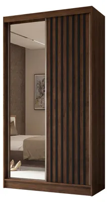 Produktbild von 120 cm Kleiderschrank Erika mit Lamellen und Spiegel Schwebetürenschrank Kleiderstange Garderobe (Farbe: Nuss Warmia, schwarz)
