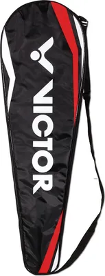 A black badminton bag with red and white accents and the brand logo and name.