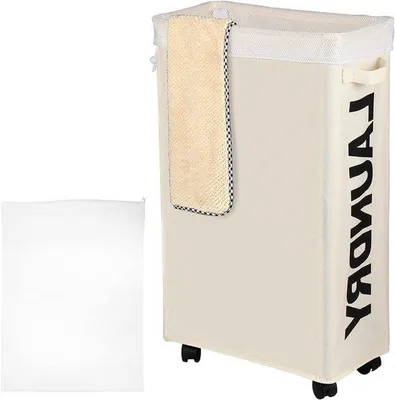 Image de Bac à linge haut avec sac à linge amovible et roulettes, 62 litres, pliable, beige