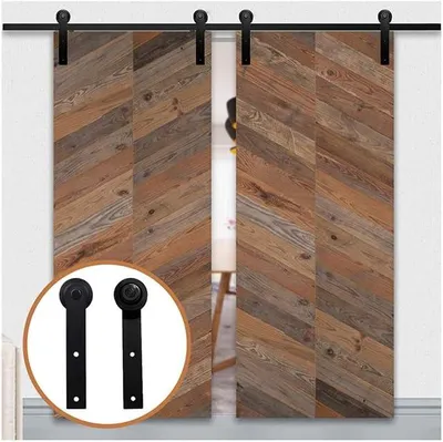 Productafbeelding van 427 cm Set voor schuifdeur, dubbele hangende houten deur, zwart, I-vormig