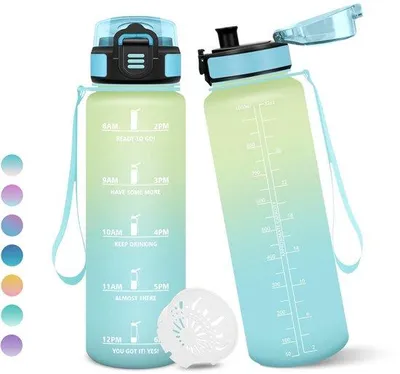 Productafbeelding van Waterfles 1 Liter BPA-vrij Luchtblauw - Sportwaterfles met Tijdmarkering - Lekdicht Sluitingsdesign - Ideaal voor Kinderen en Sportactiv