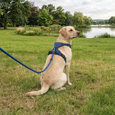 Produktbild von belviona Anti-Zug Hundegeschirr, gepolstertes Y-Geschirr für Hunde mit Kontrollgriff, reflektierend & verstellbar, Größe L, blau
