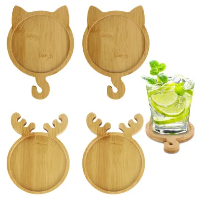 Bambus Untersetzer Set 4er – Katzen & Hirsche, 8,1–8,5 cm