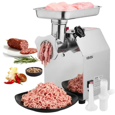 Obrázek produktu pro VEVOR, průmyslový elektrický mlýnek na maso, kapacita 3,2 kg/min, model #12, s 2 nerezovými noži, 2 mlecími deskami, výkon 850 W, vhodný pro výrobu klobás, pro použití v kuchyni a restauracích