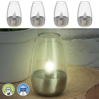 Produktbild von LED Solar Tischleuchte 4er Set silber 6x8x6cm Edelstahl Kunststoff Akku Flackereffekt warmweiß Solarlampe Kerzenform