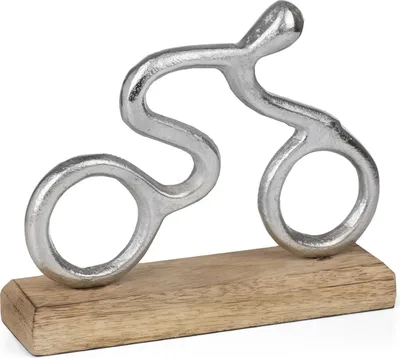 Obrázek produktu pro Moderní dekorativní hliníková figurka jízdního kola na podstavci z mangového dřeva cca 17,5 x 5 x 14,5 cm - Abstraktní kovová figurka jako dárek pro cyklisty a milovníky kol - Stříbrná barva