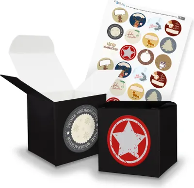 Produktbild von itenga SET Weihnachten Geschenkesticker Mix (Motiv 56) 24x Würfel 6,5cm schwarz