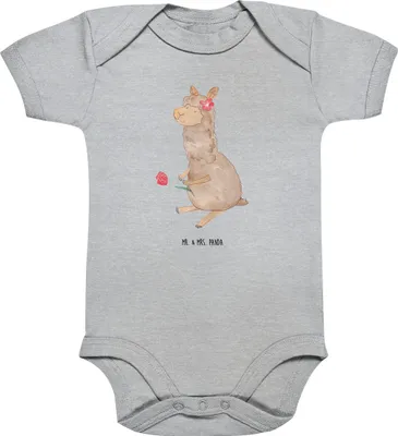 Produktbild von Mr. & Mrs. Panda Strampler Baby Alpaka Blume 1. - 3. Monat - Heather Grey - Geschenk, babykleidung body, Lamas, Lama, Babystrampler, kurzarm, Spruch, Babybody
