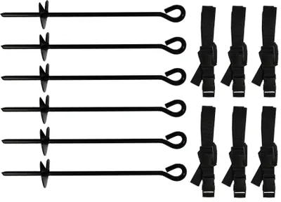 Produktbild von walexo Trampolin Bodenankerset – 3, 4 oder 6 Erdanker mit Spannbändern – 31 cm Lange Erdanker – sichere Befestigung für Gartent (6 x Befestigungs-Set)