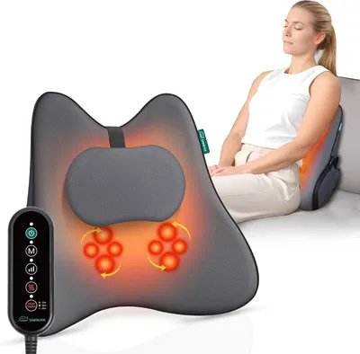 Productafbeelding van Snailax ergonomische lendensteun met massage en warmtefunctie, Shiatsu rugkussen gemaakt van traagschuim, zitkussen met 3 massage-intensiteiten