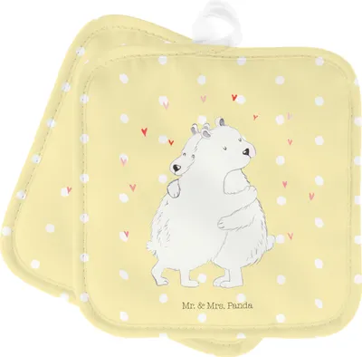 Produktbild von Mr. & Mrs. Panda Topfuntersetzer Eisbär Umarmen - Gelb Pastell - Geschenk, Topflappen, Set, Kochlappen, Ofenlappen, topfhalter, Lustige Sprüche