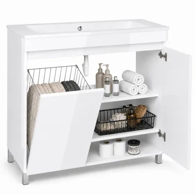 Produktbild von Badezimmerschrank RIBERA mit Keramik Waschbecken und Wäschekorb Weiß Hochglanz MDF Acryl, feuchtigkeit und kratzfest stehend oder hängend, KI-generiertes Bild