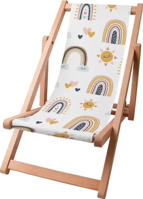 Produktbild von Dreamroots Kinder Liegestuhl klappbar Holz, bis zu 130 kg, Sonnenliege klappbar mit 3-stufiger Neigungsregulierung der Rückenlehne,Cartoon Rainbow Sun