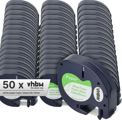 Produktbild von vhbw 50x Schriftband-Kassette Papier kompatibel mit Dymo LetraTag LT-100H, LT-100T, QX50, XR, 200B Etiketten-Drucker 4m x 12mm Schwarz auf Weiß