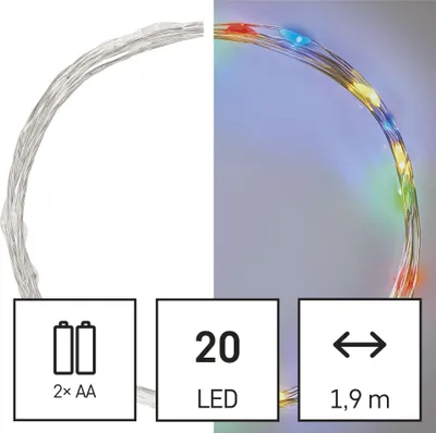 LED vánoční nano řetěz, 1,9 m, 2x AA, vnitřní, multicolor, časovač