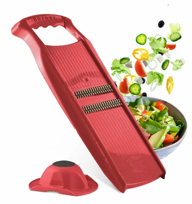 Produktbild von Börner Original Roko Powerline - Gemüse- und Obstschneider für feine Streifen Juliennestreifen Set mit Fruchthalter, Farbe:Rot