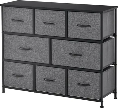Produktbild von Kommode mit 8 Schubladen aus Stoff Aufbewahrungsschrank Kommodenschrank mit Griffen, Metallgestell, Schrank für Schlafzimmer, Wohnzimmer, Dunkelgrau, 100 cm, 30 cm, 78,5 cm, Polyester