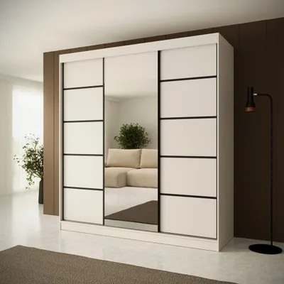 Image de Armoire à trois portes avec coulisses Monika armoire moderne en miroir avec portes coulissantes 200 cm armoire avec tiroirs, couleur : blanc, coulisses : noir