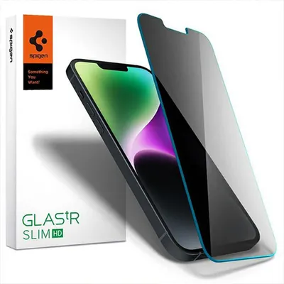 A Spigen Glas.tR Slim Privacy Tempered Glass screen protector is shown next to its packaging and a smartphone.