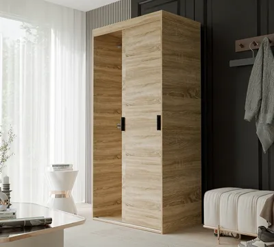 Produktbild von IDOHOME-Schiebetürenschrank Kleiderschrank LUNA 100 cm mit Regalen und Kleiderstangen Schrank Garderobe Sonoma schwarze Griffe