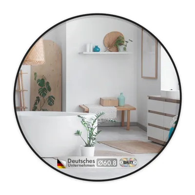 Produktbild von Wandspiegel Schwarz, Ø 60 cm Spiegel rund mit schwarzem Rahmen aus Aluminiumlegierung, WC Spiegel, Bella