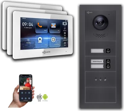 Produktbild von Goliath IP Video Türsprechanlage: 7-Zoll 3 Familienhaus, Blanko, Anzeige, Anthrazit : 7 Zoll Weiß : 4er POE : Aufputz Dose Anschluss: 4er POE Monitor Farbe: 7 Zoll Weiß Montage: Aufputz Dose