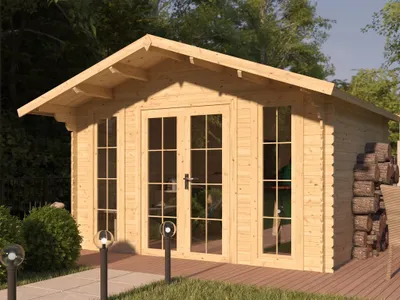 Produktbild von WOODTEX Naturbelassen 28 mm Gartenhaus Blockbohlenhaus Maximus, Gartenhaus aus Fichte, Gartenhaus naturbelassen, Gartenhaus 28 mm, Gartenhaus Blockbohlen