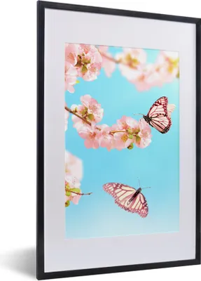 Produktbild von MuchoWow® Gerahmtes Poster Schmetterlinge - Baum - Blumen 40x60 cm - Poster mit Schwarzem Bilderrahmen Wandposter Rahmen Foto Bilder - Poster in Rahmen