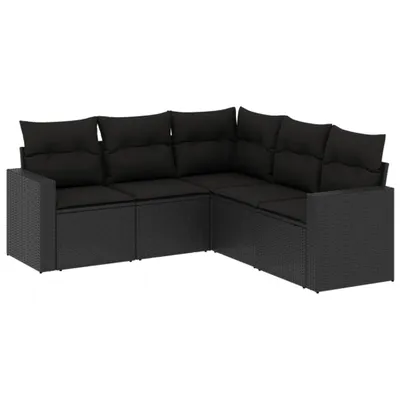 A black modular outdoor sofa set with black cushions, shown against a white background.